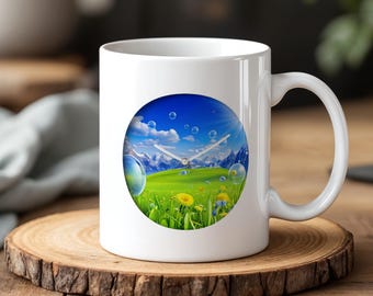 Frutiger Aero Aesthetic Kubek Natura Zegar Projekt z Bąbelkami i Niebem Vaporwave Eco Cyfrowy Styl Ceramiczny Kubek 330 ml