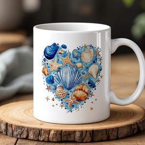 Taza de cerámica con forma de corazón de concha para amantes del océano, regalo náutico de playa con diseño de estrella de mar y concha.