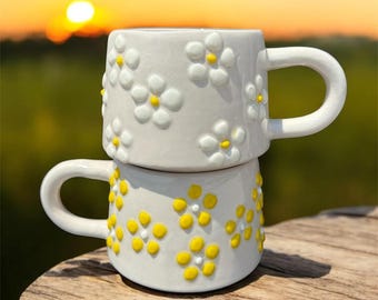 Set di 2 tazze in ceramica con motivo a margherita, realizzate a mano con fiori 3D, decorazione primaverile per la cucina, 250 ml, grazioso regalo per lei
