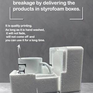 May include: A white ceramic mug with a black letter "F" is nestled in a custom-fit styrofoam insert, designed to prevent breakage during delivery. The text on the image states the mug is made of A+ quality ceramics and the printing will not fade.