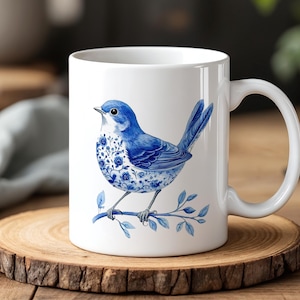 Blue Bird Mug Elegant Floral Bird Art Cup 11oz Ceramic Coffee Mug Nature Lover Gift Vintage Delft Blue Style Tea Mug Birdwatcher Gift