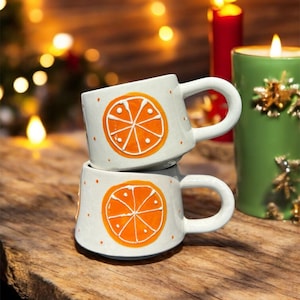 2er Set Handgefertigte Orangen Becher Zitrusscheibe Keramik Kaffeetassen Helle Sommer Keramik 200ml