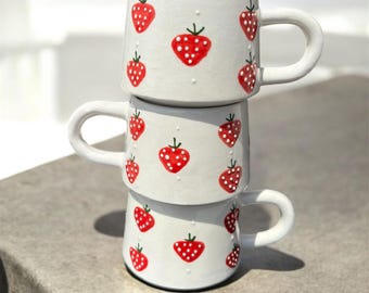 3er-Set Handgefertigte Erdbeertasse Rote Früchte Keramik Kaffeetasse Nettes Keramikgeschenk 200ml