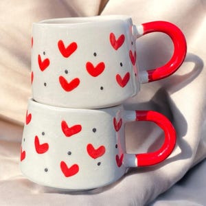 Set of 2 Handmade Heart Pattern Ceramic Mugs 330ml Red Love Cups Romantic Gift Pottery
