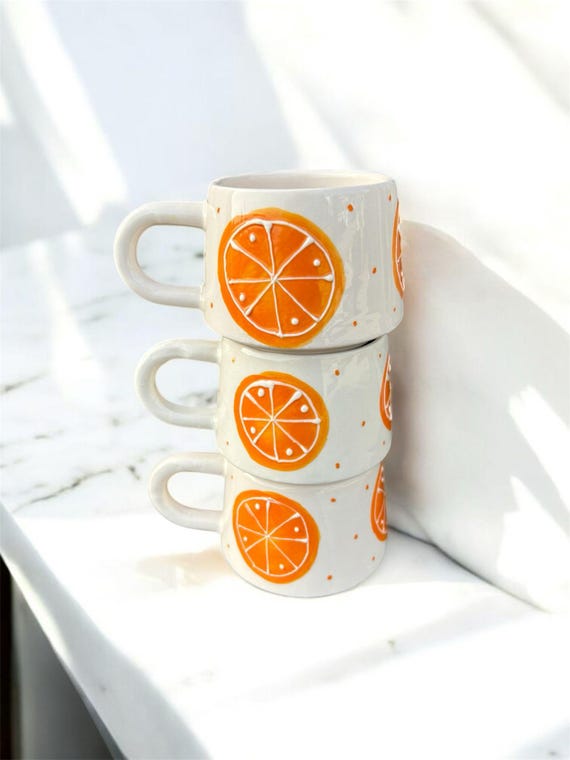 Set of 3 Handmade Orange Mug Citrus Slice Ceramic Coffee Cup Bright Summer  Pottery 200ml - Etsy