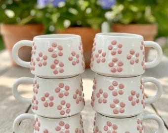 Set of 6 Handmade Pink Daisy Ceramic Mug 200ml Floral Coffee Cups Unique Handmade Flower Drinkware Gift for Her Cozy Kitchen