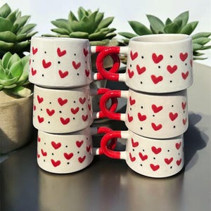 Set of 6 Handmade Ceramic Mugs with Red Heart Design 250 ml Tea and Coffee Cups Valentine’s Gift