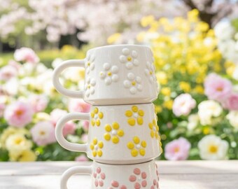Set of 3 Handmade Daisy Ceramic Mug  200ml Floral Coffee Cups White Yellow Pink Flower Mugs Unique Handmade Gift for Home