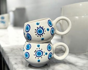 Set of 2 Handmade Evil Eye Mugs Nazar Boncuk Ceramic Cups Turkish Protection Pottery 200ml