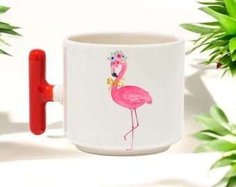 Cute Flamingo Ceramic Mug 11oz Red Handle Gift for Animal Lovers Tropical Decor Mug