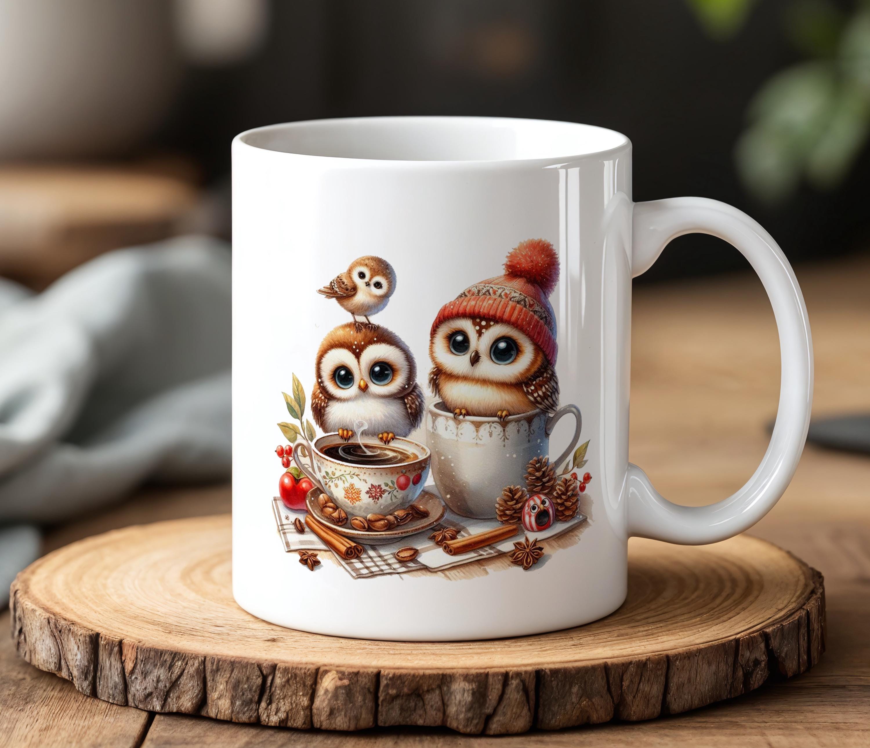 Cozy Winter Owl Mug Cute Baby Owls in Teacup Ceramic Coffee Cup Woodland Animal Holiday Gift Warm Au