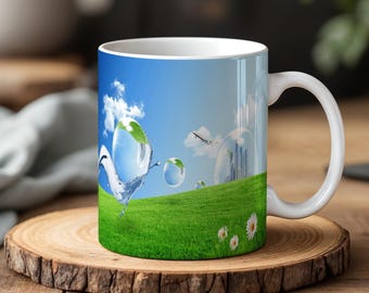 Frutiger Aero Aesthetic Mug – Surreal Bubbles and Green Field Y2K Nature Coffee Cup