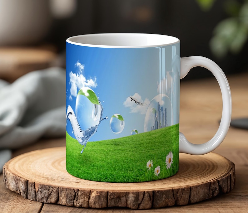 May include: White ceramic mug featuring a vibrant landscape design. The design includes a blue sky with clouds, a green grassy hill, and water droplets with leaves. The mug has a white handle and is set on a wooden coaster.