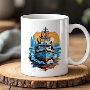 Nautical Boat Illustration Mug 11oz Ceramic Coffee Cup with Ocean Scene Maritime Gift for Sailors