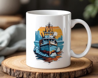 Tazza da caffè in ceramica da 11 once con illustrazione di barca nautica e scena oceanica, regalo marittimo per marinai