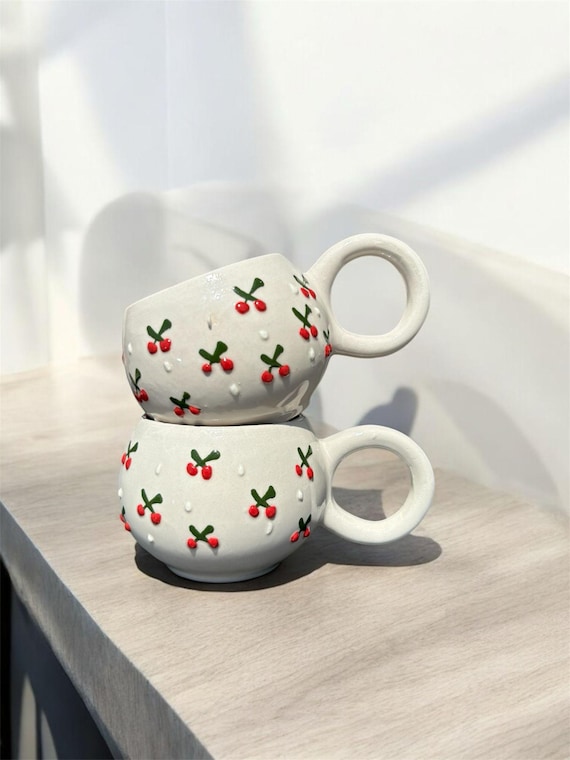 Set of 2 Handmade Cherry Mugs Red Fruit Ceramic Coffee Cups Embossed Pottery Gift 200ml