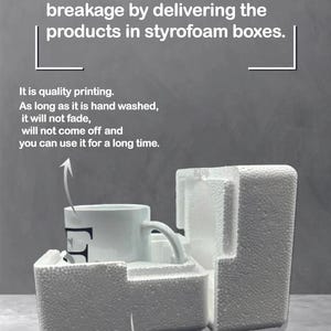 May include: A white ceramic mug with a black letter "E" printed on it is packaged in a white styrofoam box. The text "We eliminate the risk of breakage by delivering the products in styrofoam boxes." is printed above the box. The text "It is quality printing. As long as it is hand washed, it will not fade, will not come off and you can use it for a long time. Made of A+ quality ceramics." is printed below the box.
