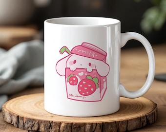 Kawaii Strawberry Milk Mug Cute Pink Cartoon Bunny Cup 11 oz Ceramic Gift for Kids & Anime Lovers