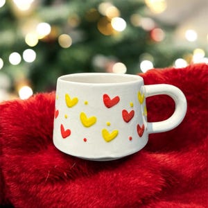 Handmade Heart Mug Yellow and Red Love Pattern Cute Ceramic Coffee Cup Whimsical Pottery Gift 250ml Romantic Drinkware