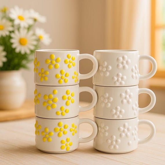 Set of 6 Handmade Ceramic Daisy Mugs 200ml Yellow White Flower Cups Unique  Floral Coffee Cups Gift for Tea Lovers Eco Friendly