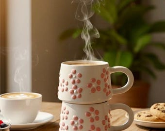 Set of 2 Handmade Pink Daisy Ceramic Mug 200ml Floral Coffee Cups Unique Handmade Flower Gift for Her Cozy Kitchen Drinkware