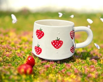 Handgemaakte aardbei keramische mok schattig rood fruit koffiekopje grillig aardewerk cadeau 250 ml kawaii drinkgerei Berry Lover Mug