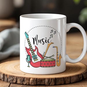 Music Lover Mug 330ml Musical Instruments Coffee Cup  Gift for Musician Guitar Saxophone Drum Microphone Design