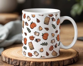 Cozy Fall Mug Autumn Pumpkin & Book Pattern 11 oz Ceramic Cup for Fall Lovers, Bookworms Pumpkin Spice Fans