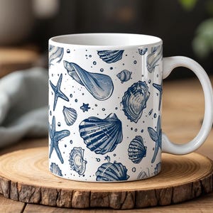 Ocean Shell Mug Blue Seashell & Starfish Pattern 11 oz Coastal Ceramic Cup for Beach Lovers Bring the calm of the ocean