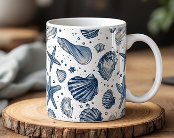 Tasse coquillage bleu motif coquillages et étoiles de mer Tasse côtière en céramique de 11 oz pour les amoureux de la plage Apportez le calme de l'océan