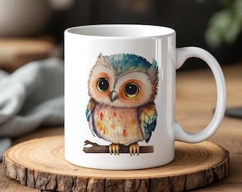 Cute Colorful Owl Mug Adorable Watercolor Owl Illustration Coffee Cup Nature Bird Lover Gift Whimsical Animal Art Ceramic Mug