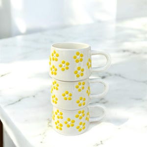Set Of 3 Handmade Floral Mug Yellow Flower Ceramic Coffee Cup Cute Daisy Pottery 200ml