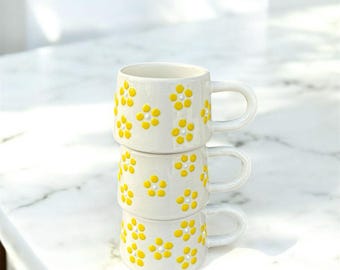 Lot de 3 tasses florales faites main, fleurs jaunes, tasses à café en céramique, marguerites mignonnes, poterie 200 ml