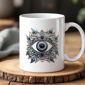 Luxury Evil Eye Mug 330ml Ornate Nazar Ceramic Cup Elegant Protection Gift with Blue Gold Art