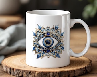 Luxus Evil Eye Becher 330ml Verzierte Nazar Keramiktasse Elegantes Schutzgeschenk mit Blaugold Art