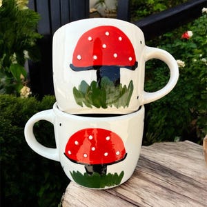 Hand-Painted Red Mushroom Mug Set Cottagecore Ceramic Coffee Cups Whimsical Forest Toadstool Design 250 ml