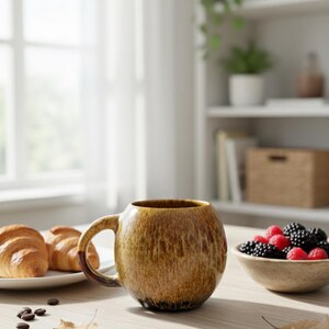 Może przedstawiać: Brązowy ceramiczny kubek o zaokrąglonym kształcie i uchwycie stoi na drewnianym stole. Obok rogaliki na talerzu, miska z jagodami i ziarna kawy. Liść spoczywa na stole.