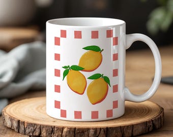 Lemon Mug Vintage Checkered Citrus Cup 330 ml Ceramic Coffee Mug Fresh Fruit Kitchen Decor Cute Summer Lemon Gift