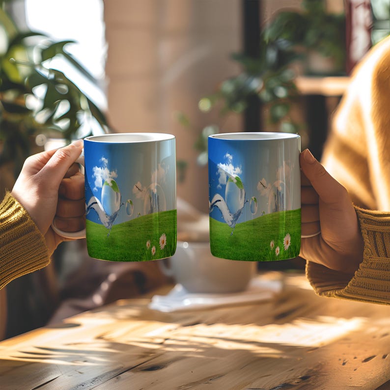 May include: Two white ceramic mugs with a wraparound design featuring a surreal landscape. The design includes a blue sky with clouds, a green field, and abstract, flowing shapes. The mugs are held by people wearing yellow sweaters.