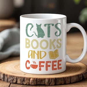Cats Books and Coffee Mug Cozy Reading Vibes Ceramic Cup 330ml Gift for Bookworms and Cat Lovers