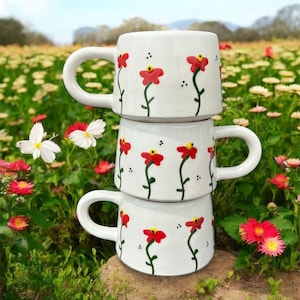 Set of 3 Handmade Ceramic Flower Mugs 250 ml Each – Red Floral Coffee Cup Set Cottagecore Kitchen Gift
