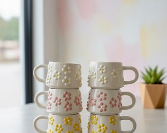 Set of 6 Handmade Daisy Ceramic Mug 200ml Floral Coffee Cups White Pink Yellow Flower Mugs Unique Handmade Gift for Home