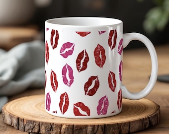 Caneca com estampa de beijo romântico, lábios vermelhos e rosa, xícara de café, presente para casais, aniversários de dia dos namorados