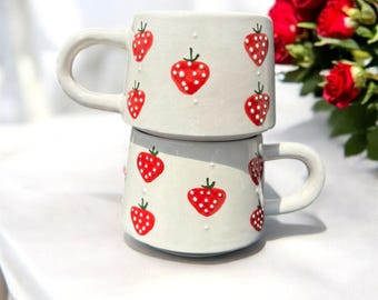 2 Piece Strawberry Mug Set Handmade Ceramic Fruit Cups Cute Red Berry Coffee Mugs Kawaii Pottery Gift 250ml Drinkware for Couples