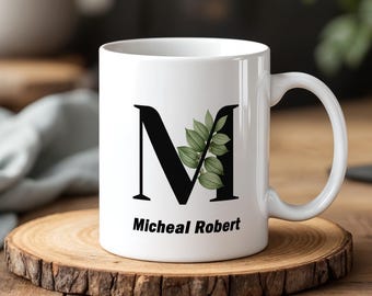 Personalized Monogram Mug with Custom Name Floral Initial Coffee Cup Gift for Him or Her Custom Letter Ceramic Mug