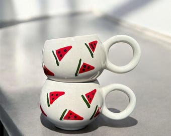 Set of 2 Handmade Watermelon Ceramic Mugs Fruit Themed Pottery Cups 330ml Summer Coffee Mugs