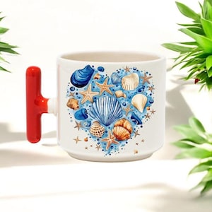 Taza de cerámica con forma de corazón de concha marina de 250 ml, ideal como regalo playero o costero, con forma de estrella de mar y concha.