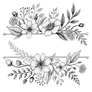 Op de afbeelding: Zwart-wit bloemenillustratie met gedetailleerde lijntekening. Het ontwerp toont verschillende bloemen, bladeren en knoppen. Twee horizontale lijnen met decoratieve uiteinden creëren een kaderachtig uiterlijk. Ideaal voor knutsel- of designprojecten.