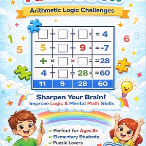 以下が含まれることがあります： 「Puzzle Math Book」というタイトルの、算数ロジックチャレンジの副題が付いた、カラフルな子供向けパズル算数本。表紙には算数のパズル、漫画の子供たち、「Sharpen Your Brain!」と「Improve Logic & Mental Math Skills」というテキストが描かれています。
