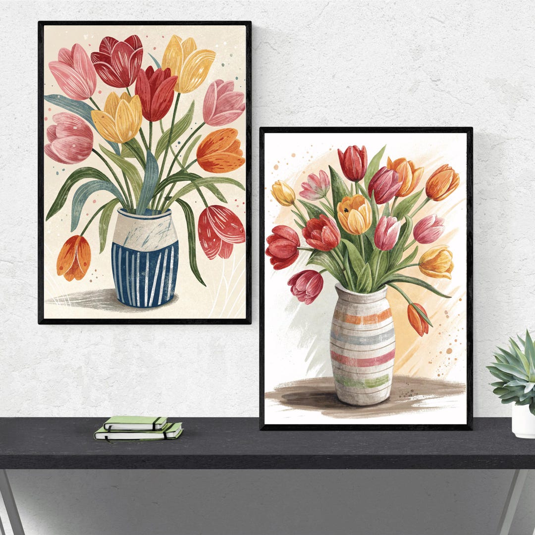 Tulip Wall Art Set of 2, Modern Floral Vase Prints, Bold Botanical ...